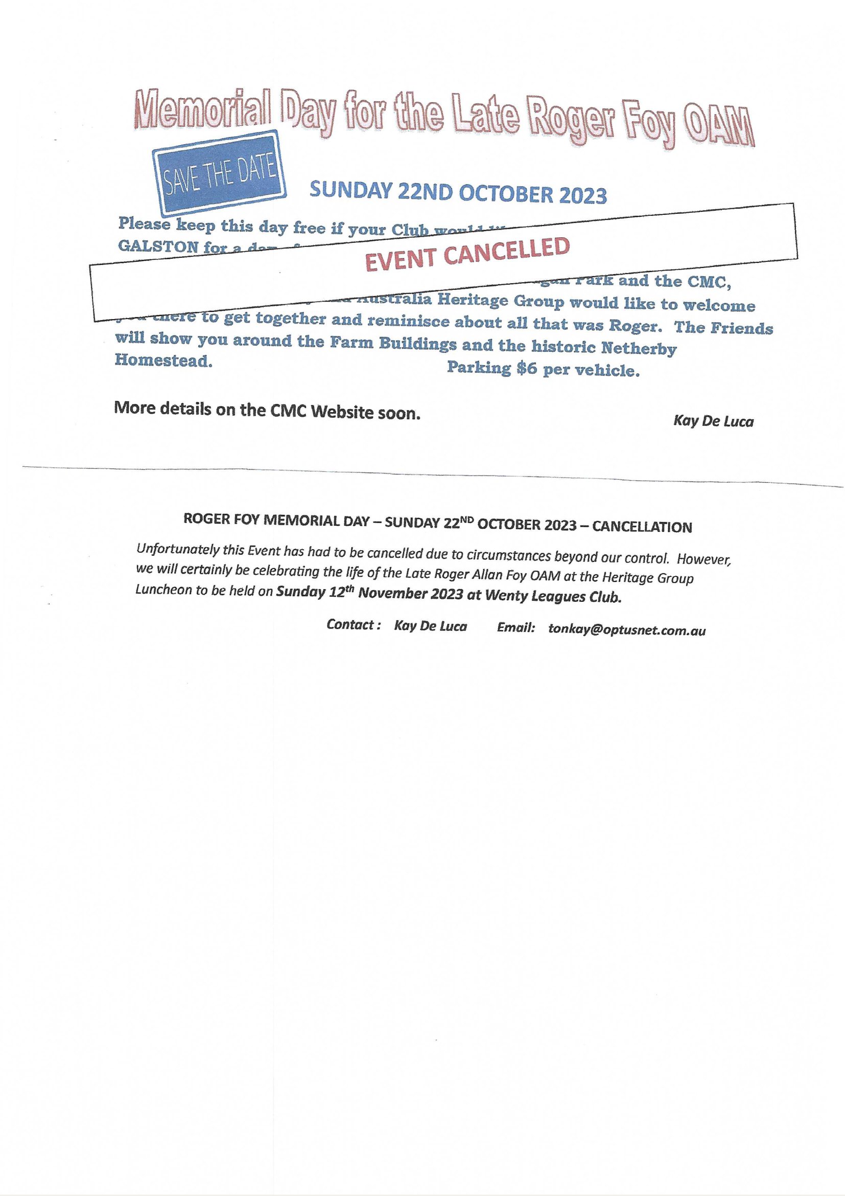Roger Foy Memorial Day Cancellation